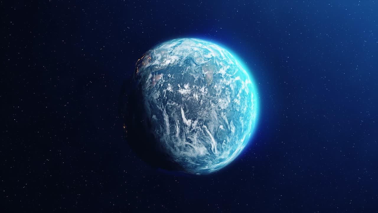 Animasi loop 3D 4K planet bumi berputar siang dan malam dari luar angkasa dengan bintang-bintang