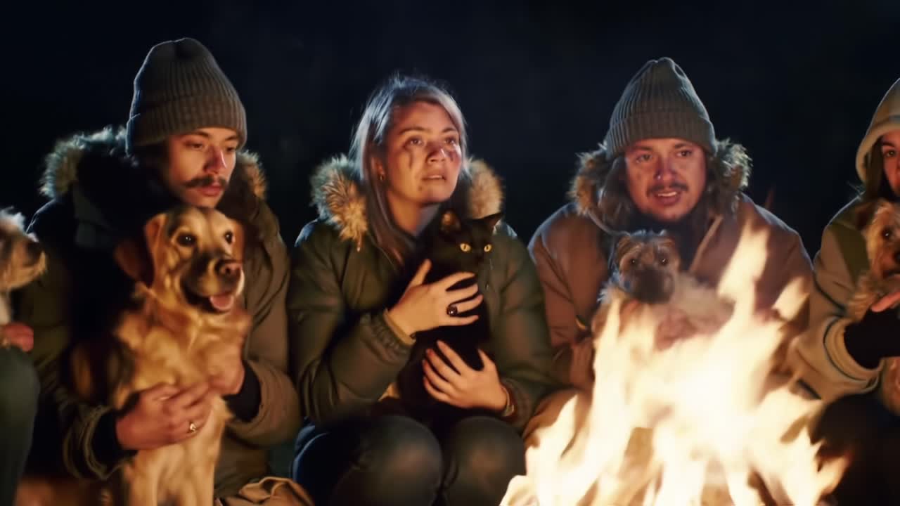 A Group of Friends Gather Around a Warm Campfire in the Wilderness, Bonding with Their Dogs Under the Night Sky, Sharing Moments of Connection and Comfort