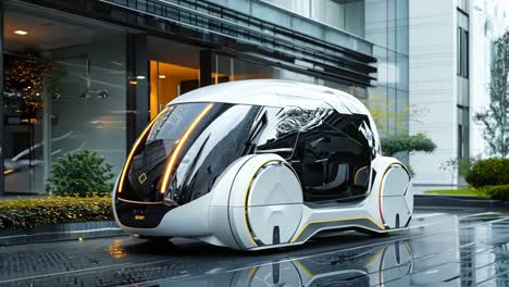 a futuristic car parked in front of a building