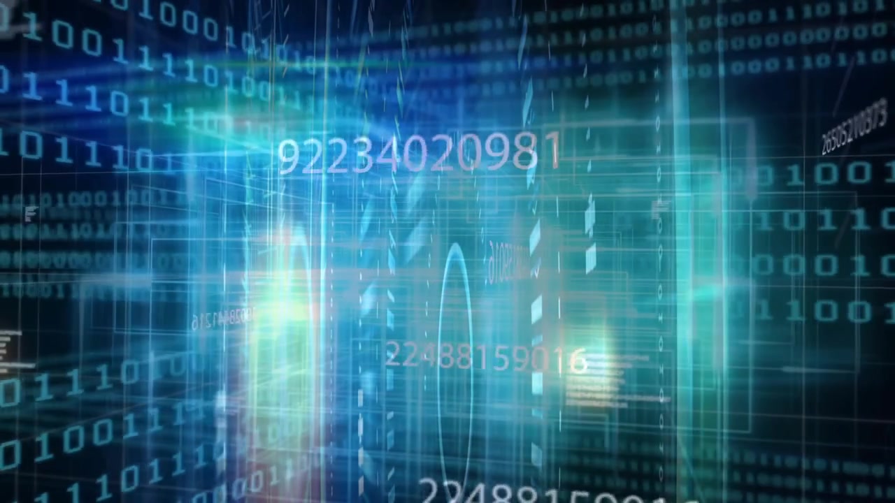 Binary code scrolling causing grids emerging, ring pulsing and panels sliding forming data tunnel