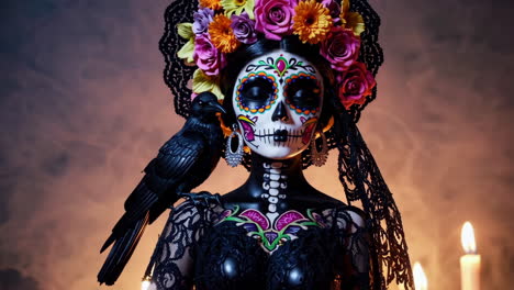 sugar skull woman with crow