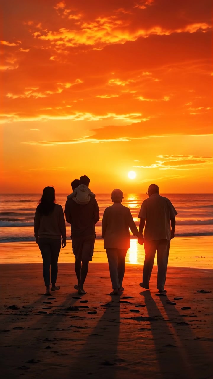 Quattro figure in silhouette si muovono costantemente verso la riva al tramonto, con onde leggere davanti, impronte sulla sabbia scura e un'intensa luce arancione che si riflette sull'acqua e sulla spiaggia.