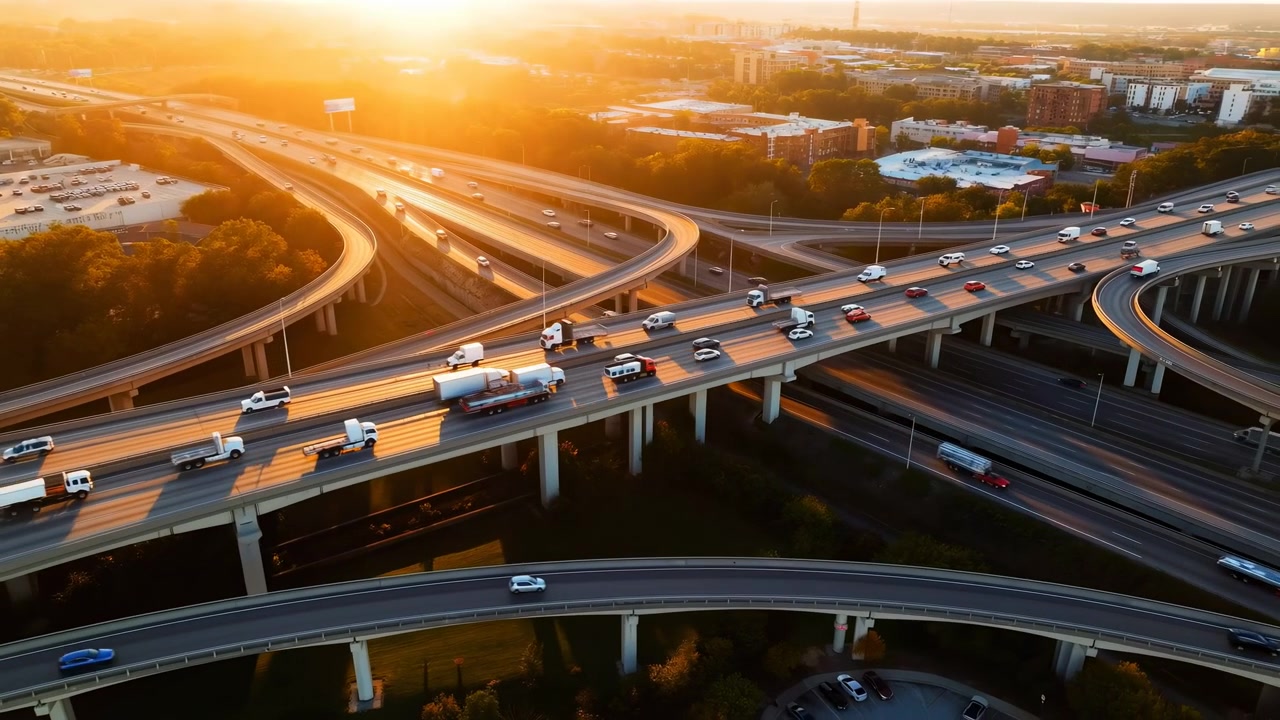 an aerial perspective captures the dynamic movement of vehicles on a bustling urban freeway interchange during a vibrant sunset, showcasing concrete and metal structures bathed in warm hues.