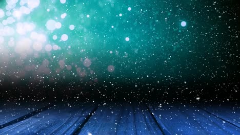 Animation-of-snow-falling-over-glowing-lights-and-wooden-surface