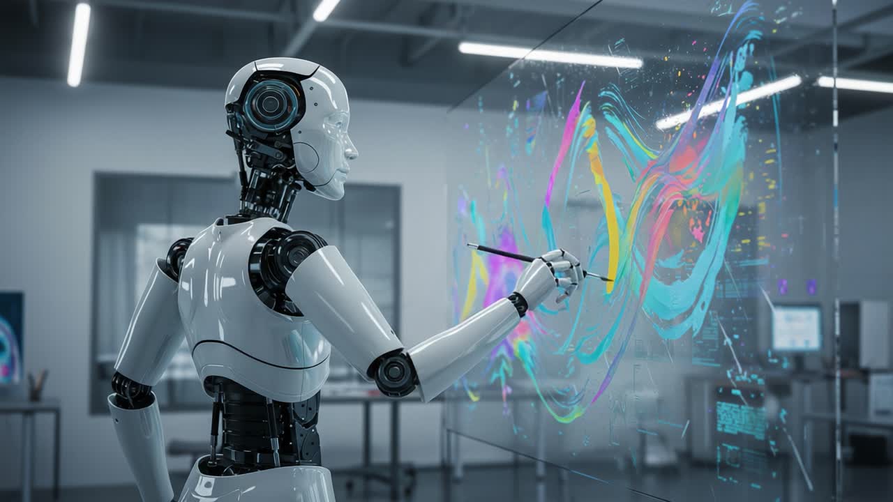 Futuristic Robot Artist Creating Vibrant Digital Artwork with Advanced Technology on a Transparent Screen in a Modern Studio Environment