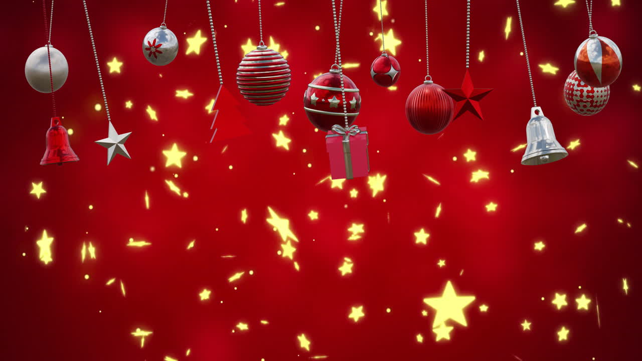 animación de la decoración de bolas de navidad y estrellas en fondo rojo