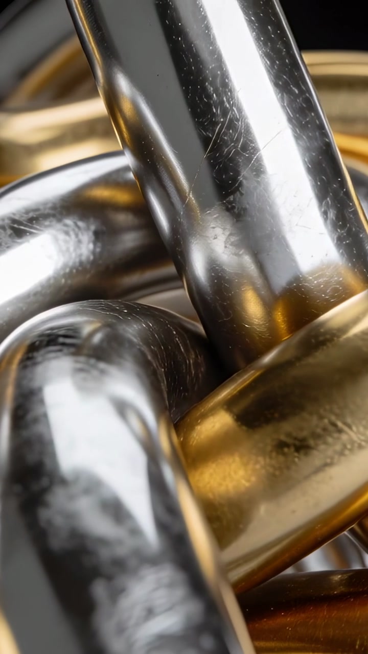 Vertical video: Camera panning in studio over silver and gold rings, revealing scratches and wear