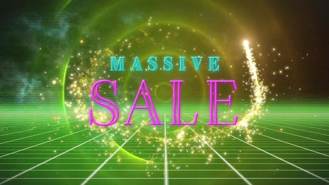 Hoạt ảnh chữ "SALE" lớn trên các đốm sáng và đường nét trên nền đen.
