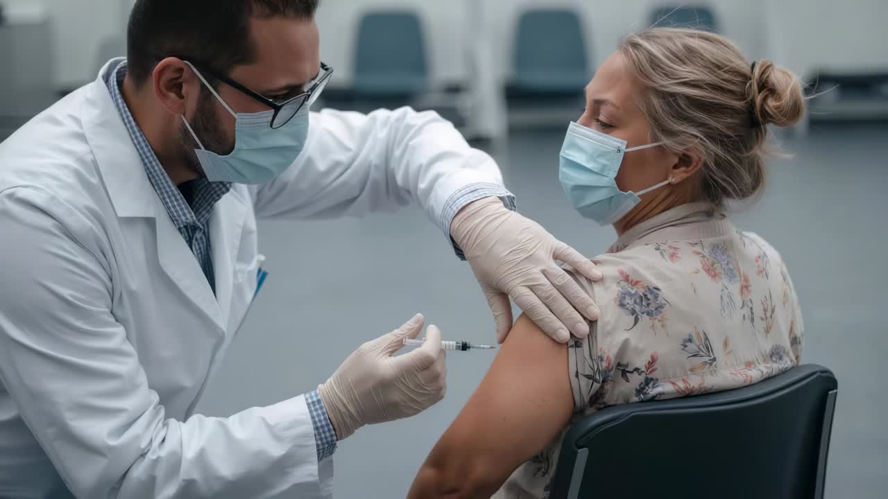 Bringing syringe, doctor in white coat, gloves vaccinating woman at clinic with floral top, mask