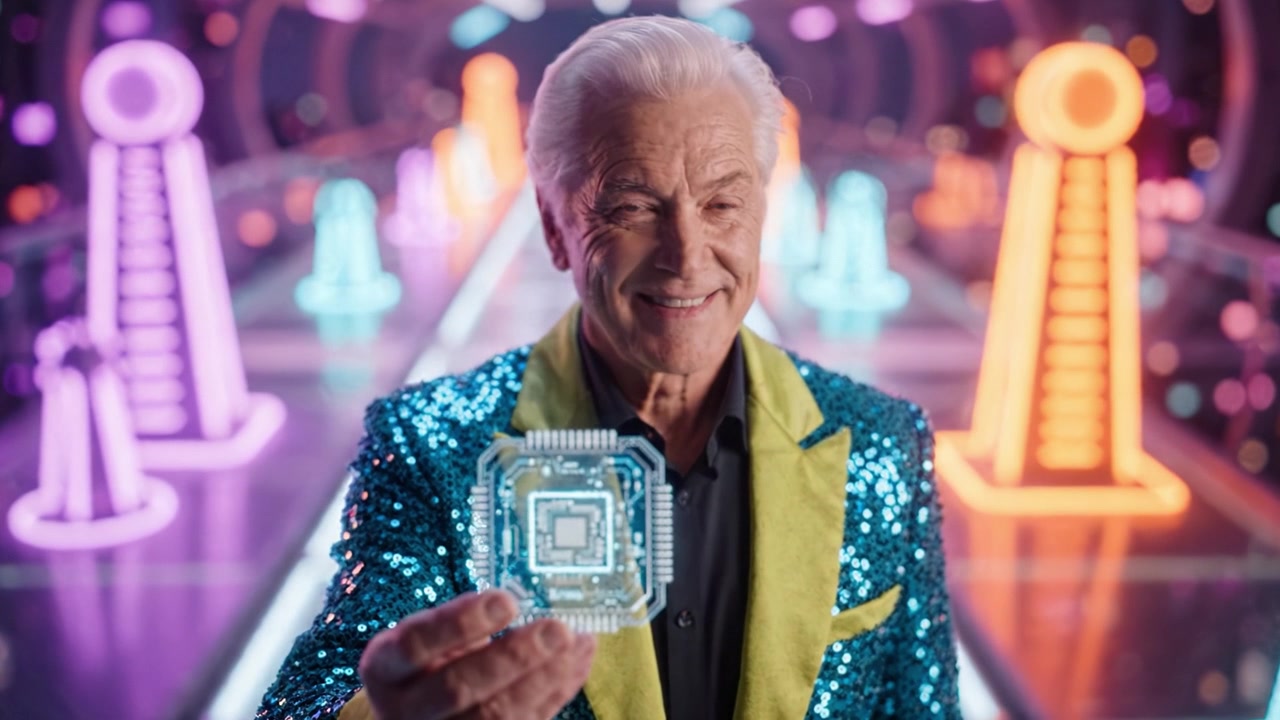 A charismatic older man in a sparkling blue and green suit holds a glowing microchip in a vibrant, neon-lit environment filled with futuristic game elements.