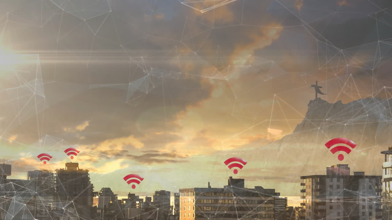 Wi-Fi symbols and network connections overlaying cityscape animation during sunset