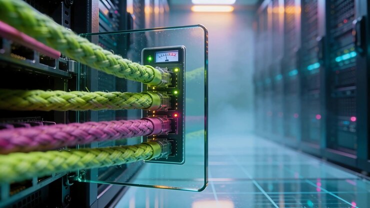 Responding to signal, cables and patch panel flashing LEDs, moving gauge at rack aisle, copy space