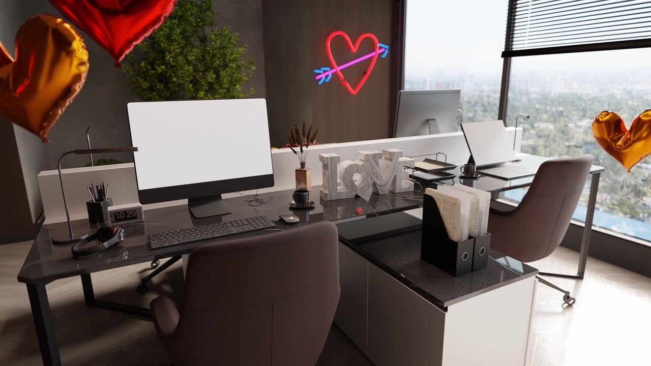 Modern office desk setup with blank computer screen and Valentine's Day decorations. Neon heart with arrow and metallic balloons in background. Workspace design concept for love-themed projects