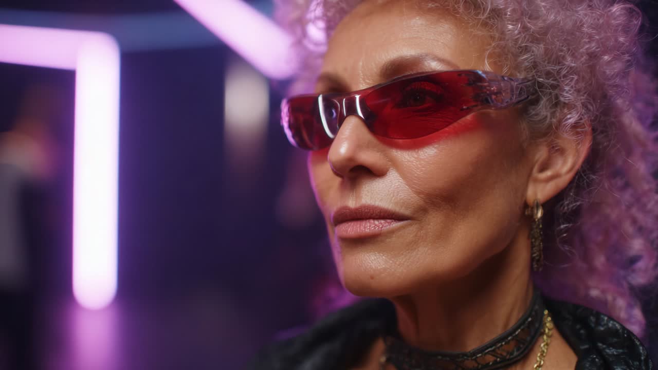 Un'enigmatica donna che emana sicurezza e stile, adornata con occhiali da sole rétro su uno sfondo neon vibrante, che cattura un momento di elegante moda e di espressione personale unica in un ambiente contemporaneo