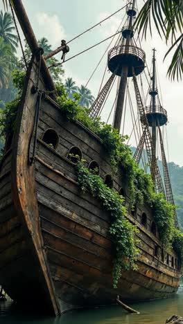 abandoned pirate ship in a tropical jungle