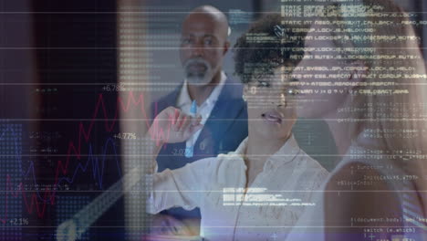 animation of financial data processing over diverse business people in office