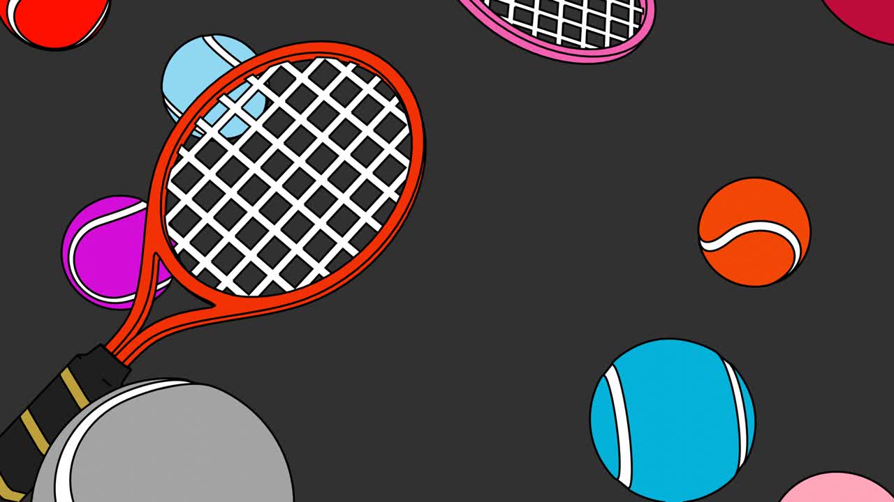 회색 바탕에 다채로운 테니스 공과 테니스 라켓을 그린 스타일입니다.
