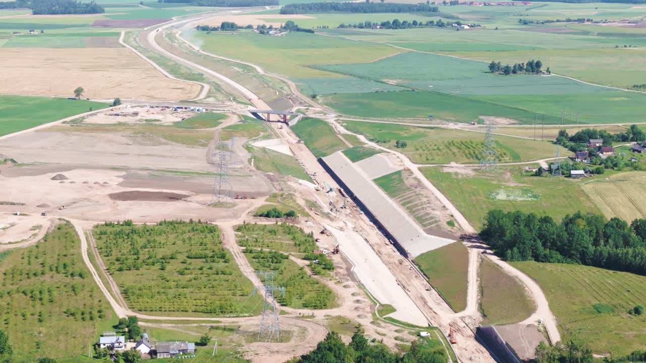 Rail Baltica railway spanning in Lihuania farmlands, aerial view