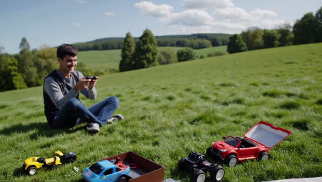 father and son playing with a toy in a grassy field