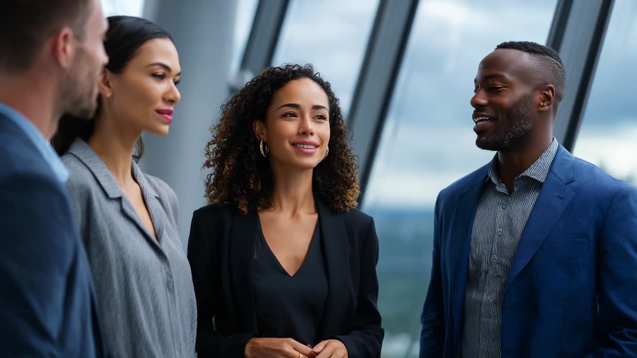 A Group of Professionals Engaging in a Thoughtful Discussion with the Cityscape Cheering in the Background, Showcasing Diverse Expressions and Attitudes in a Modern Office Environment