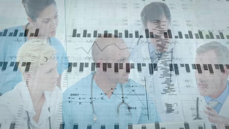 Animating medical data charts, diverse healthcare professionals discussing in hospital