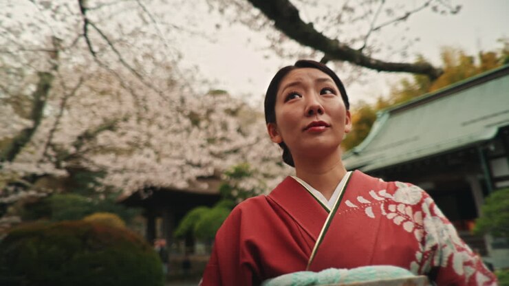 Donna in kimono al tempio giapponese