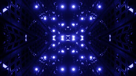 diseño de movimiento de bucle de fondo con luz de neón brillante. abstracto bg construcción brillante simétrica 3d. estructuras técnicas luminosas misteriosas. club nocturno vj. hi tech ciencia ficción tecnología moderna bg