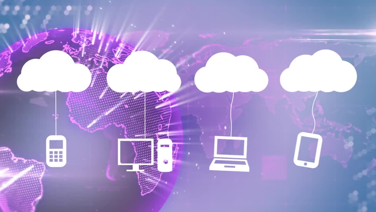 animación de nubes e iconos digitales sobre el globo girando en el fondo