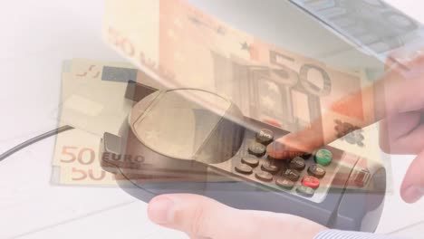 Animation-of-euro-currency-banknotes-over-caucasian-woman-using-payment-terminal