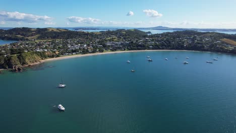 panoramic view of big oneroa beach on waiheke island, auckland, new zealand