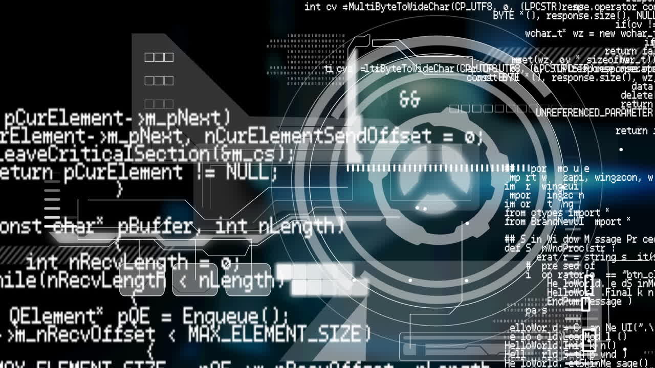 Animation of interface with round scanner and data processing against black background