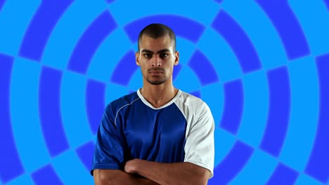 animación de un jugador de fútbol americano masculino biracial con los brazos cruzados sobre formas