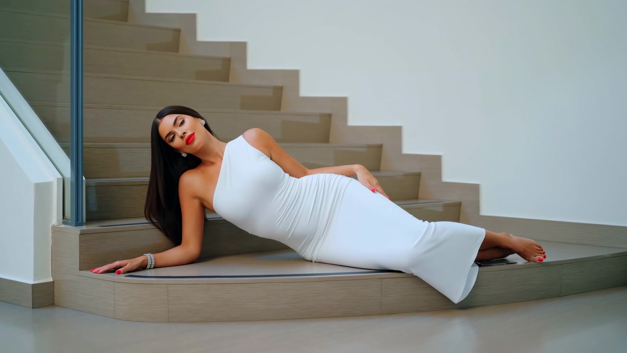 Donna elegante sdraiata su una scalinata con un abito a colonna bianco, lunghi capelli scuri, rossetto rosso, in posa.
