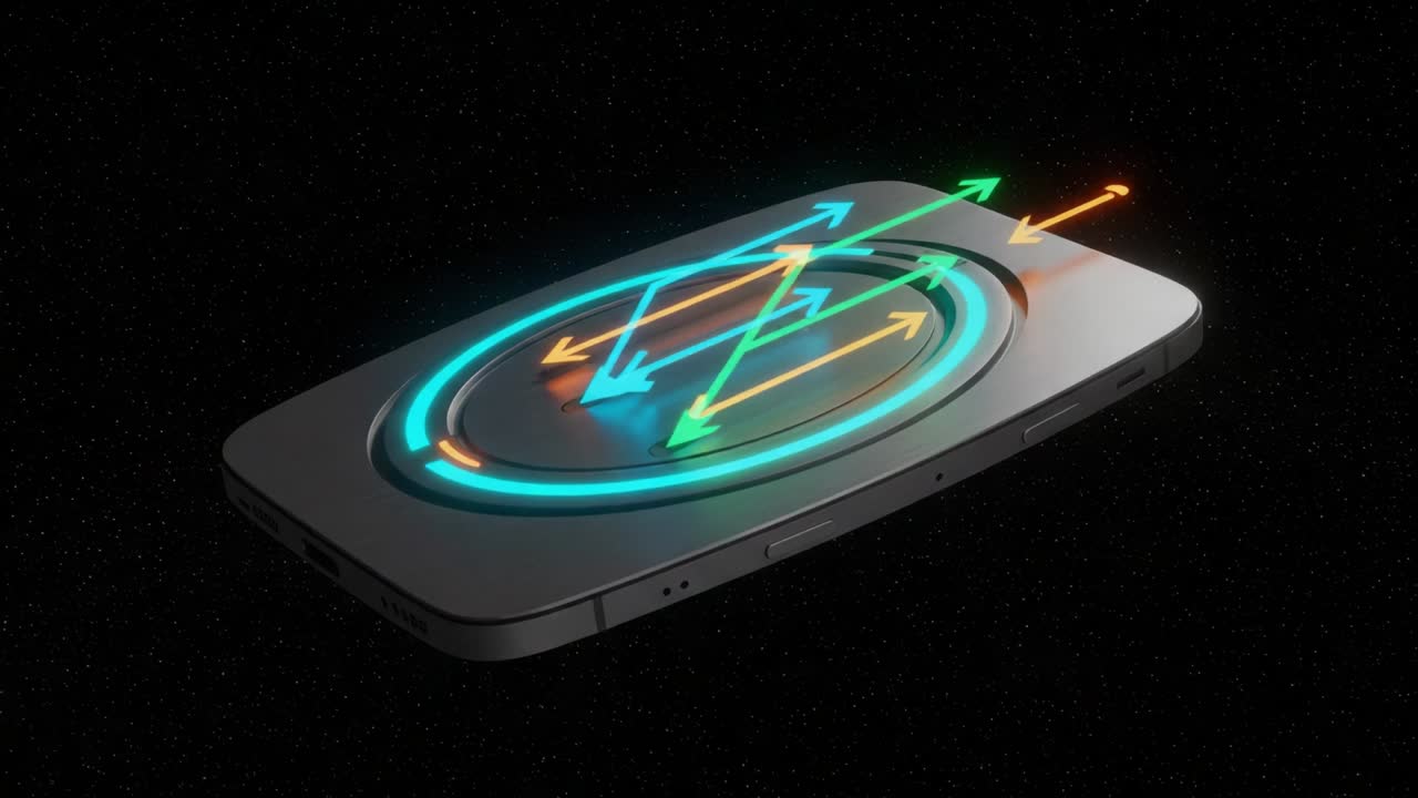 Dynamic Visualization of Energy Flow and Directional Arrows on a Modern Device, Showcasing Illumination and Motion in a Futuristic Setting