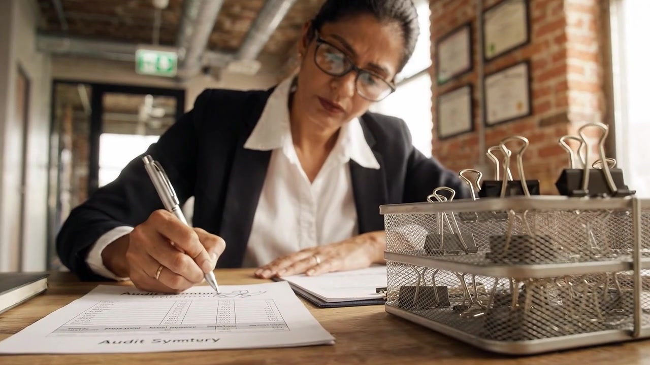 Professionista aziendale concentrato che analizza documenti di audit mentre prende appunti a una scrivania con clip organizzative e scartoffie in uno spazio di lavoro moderno.