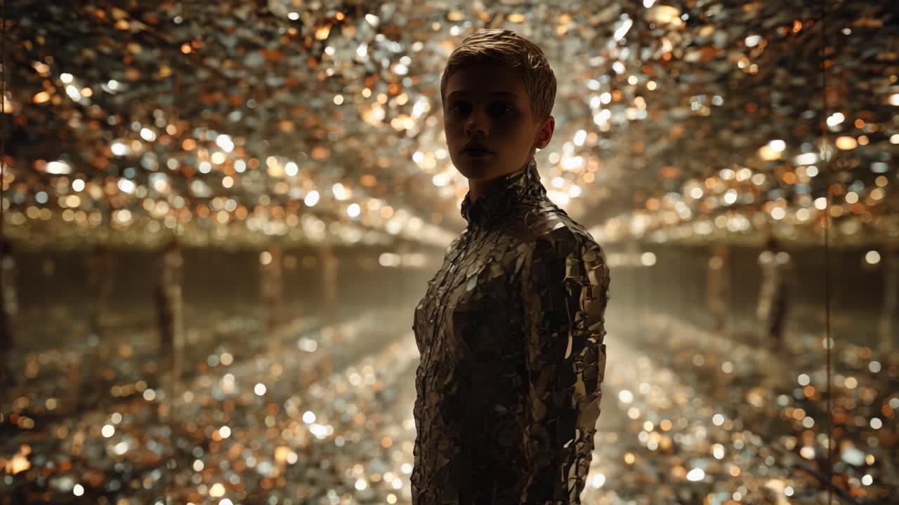 Woman in mosaic mirror dress