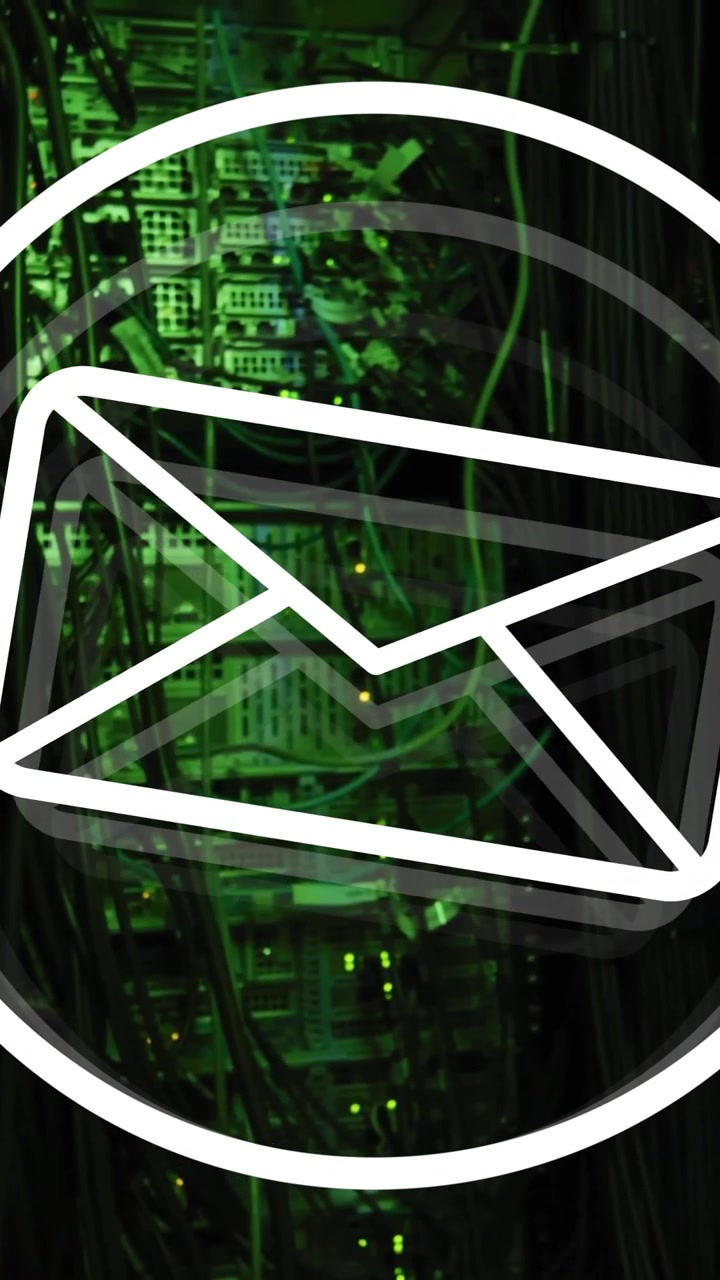 Animation of email icon and digital data processing over computer servers