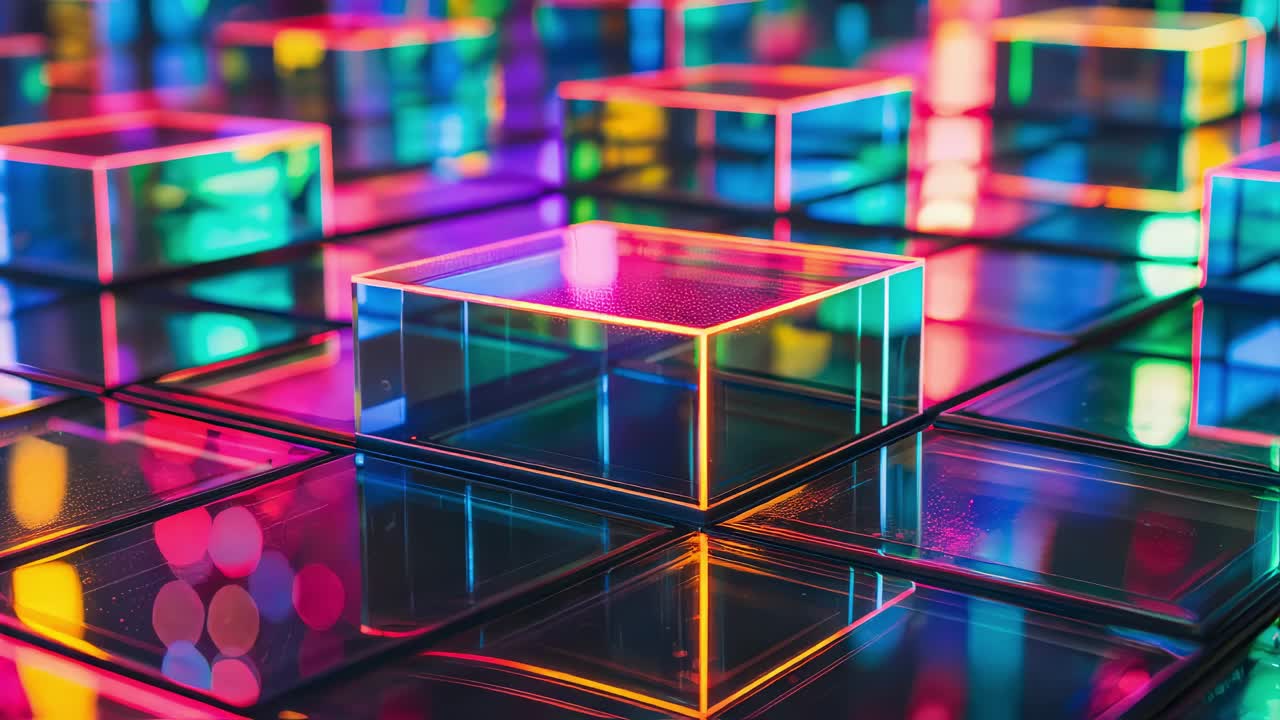 Colorful translucent glass cubes positioning strategically on reflective checkered surface, generating dynamic geometric composition with vivid light refractions and prismatic color interactions