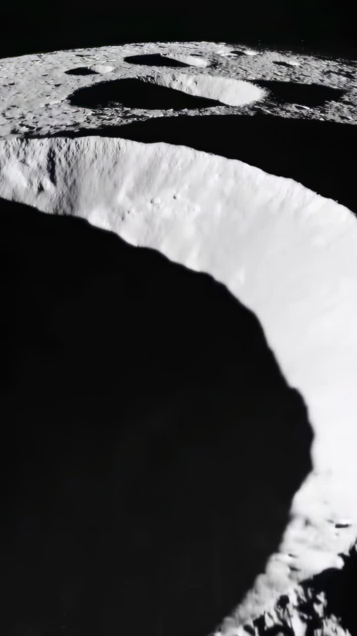 Aerial video view of the moon's cratered surface, showcasing rugged textures and shadows