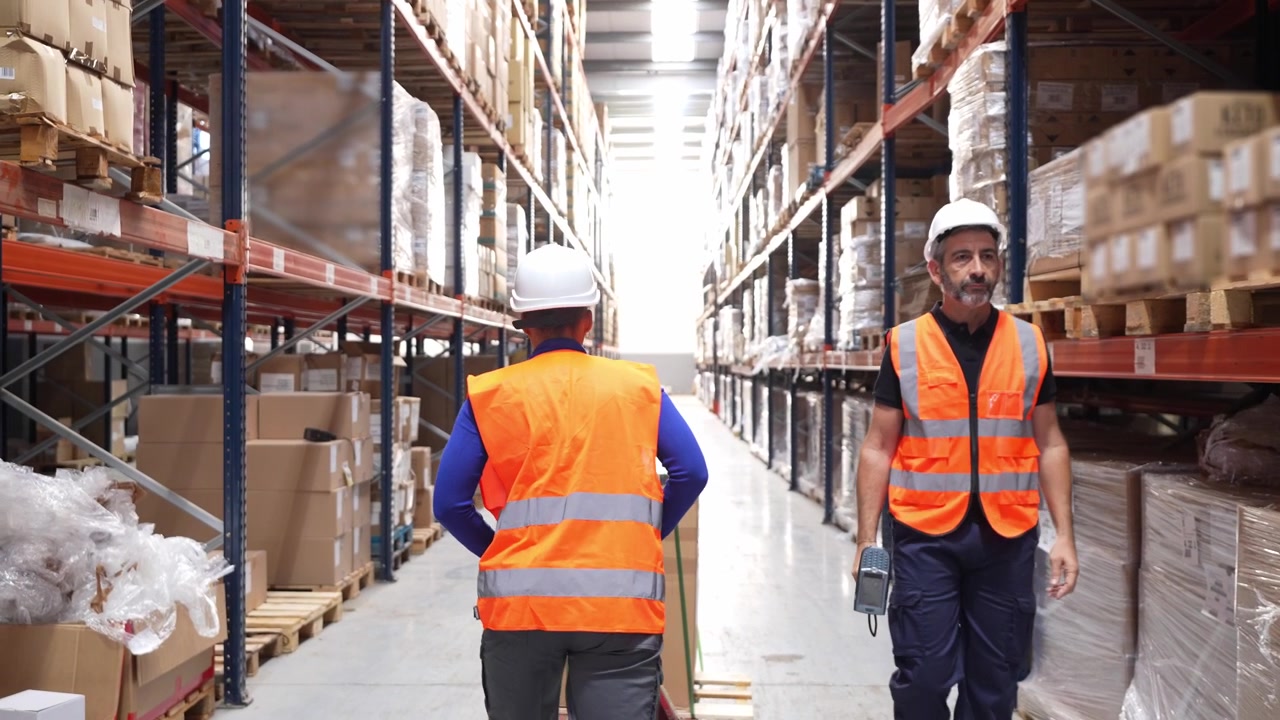 Operai di magazzino che coordinano la logistica e spostano merci pallettizzate