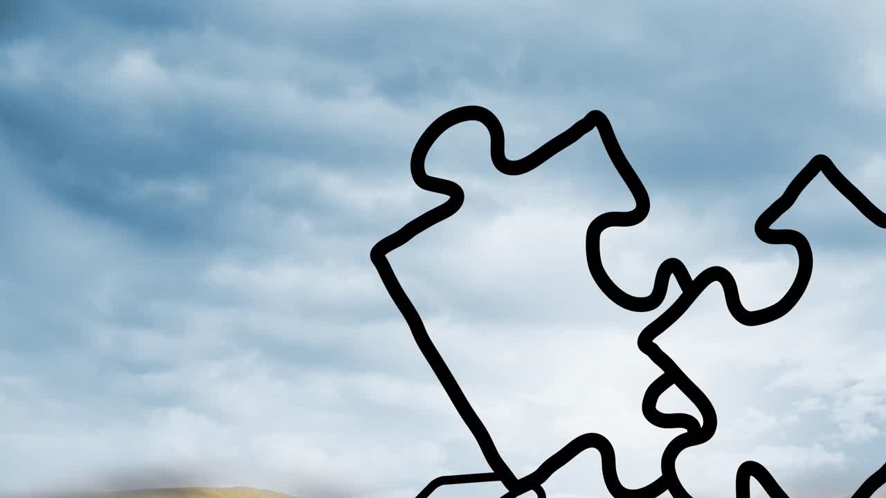 animación de piezas de rompecabezas negras sobre el cielo y las nubes