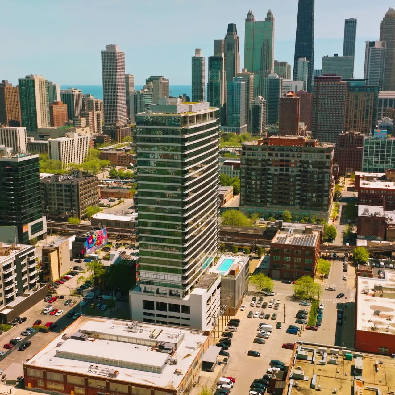 Amazing modern architecture of Chicago. Beautiful city picture on clear sunny day. Drone footage
