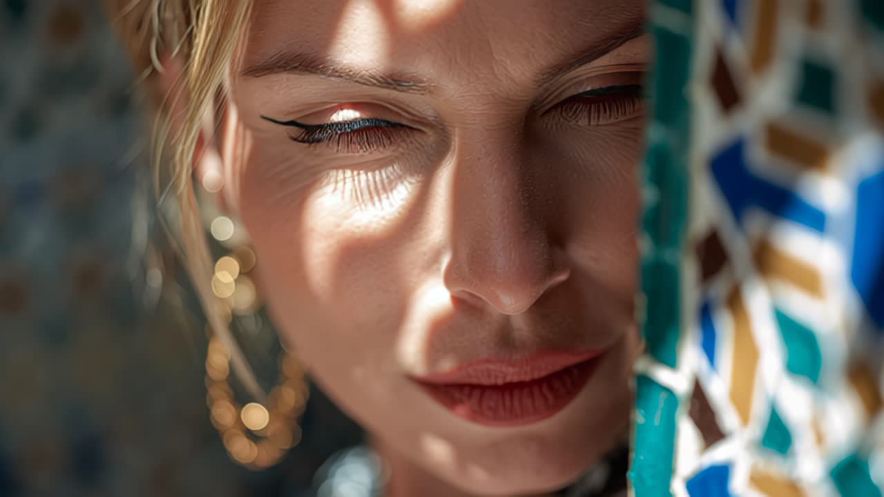 Riprese cinematografiche in primo piano di una giovane donna con rossetto rosso e orecchini d'oro appoggiata a un muro a mosaico colorato, con gli occhi chiusi nella calda luce del sole e nell'ombra.