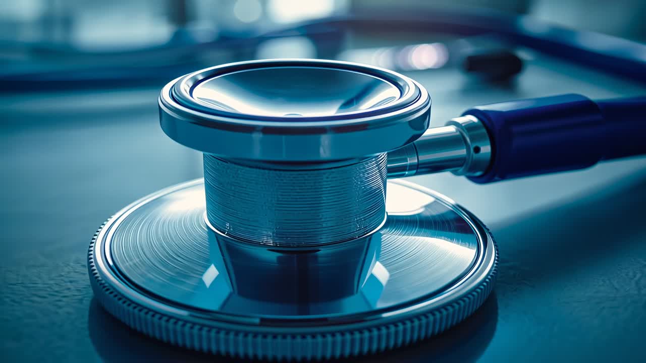 Pushing camera moving inward and rising over exam surface, revealing stethoscope rim and tubing