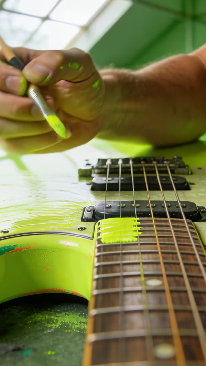 Nærbillede af en hånd, der maler en elektrisk guitar med neongrøn maling.