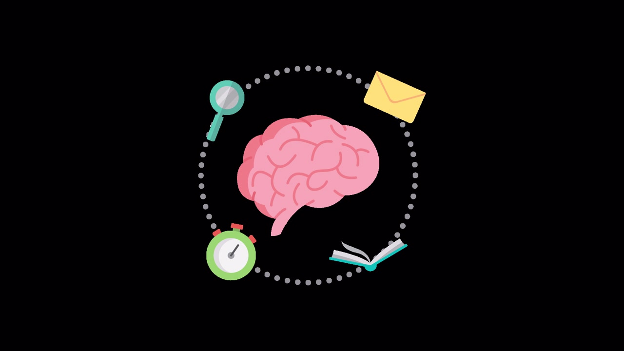 Animated Brain with Icons Representing Learning, Communication, and Time Management