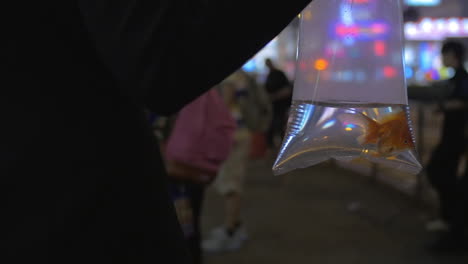 Slow-motion-view-of-woman-arm-holds-plastic-package-with-gold-fish-and-going-in-the-shopping-mall-Hong-Kong-China