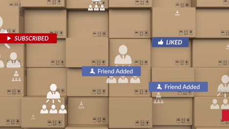 animación de iconos de perfil, diagrama de flujo y barras de notificación sobre cajas de cartón en segundo plano