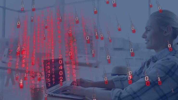 Woman typing laptop as security feed forming red digits, locks obscuring screen for security check