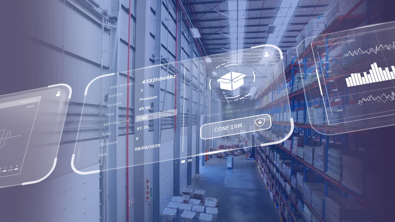 창고 위의 스크린에서 데이터 처리의 애니메이션